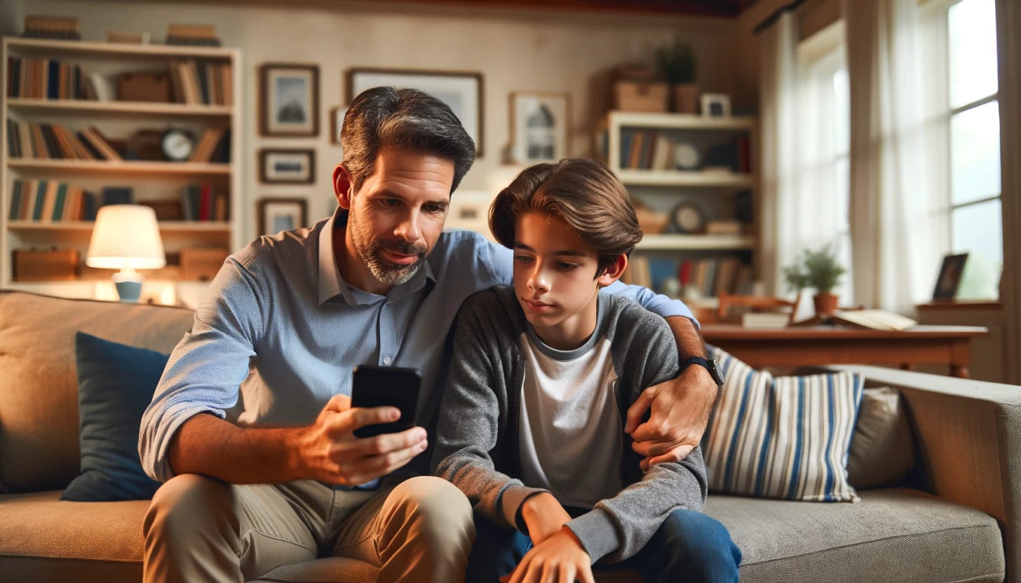 A father sitting with his teenage son on a comfortable couch in a living room. The father is showing his son how to use a mobile phone, both looking at the phone screen with interest. The father has his arm around his son's shoulder, and they both have a look of engagement and curiosity. The room is warmly lit, with a coffee table in front of them, bookshelves, and family photos on the walls. The atmosphere is cozy and filled with a sense of bonding and learning.