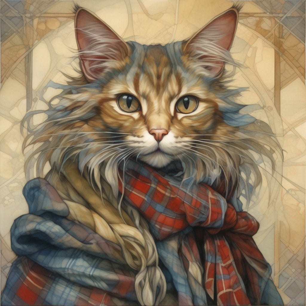 long-haired cat with multicolored fur wrapped in a plaid tartan
