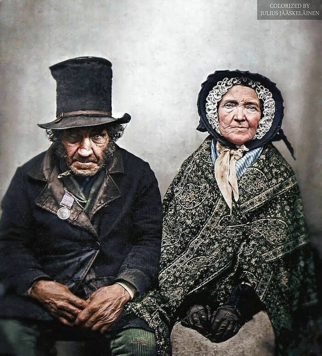 r/TheWayWeWere - A British veteran of the Napoleonic Wars and his wife sitting for a photograph (colorized) in the 1860′s. (700x773)