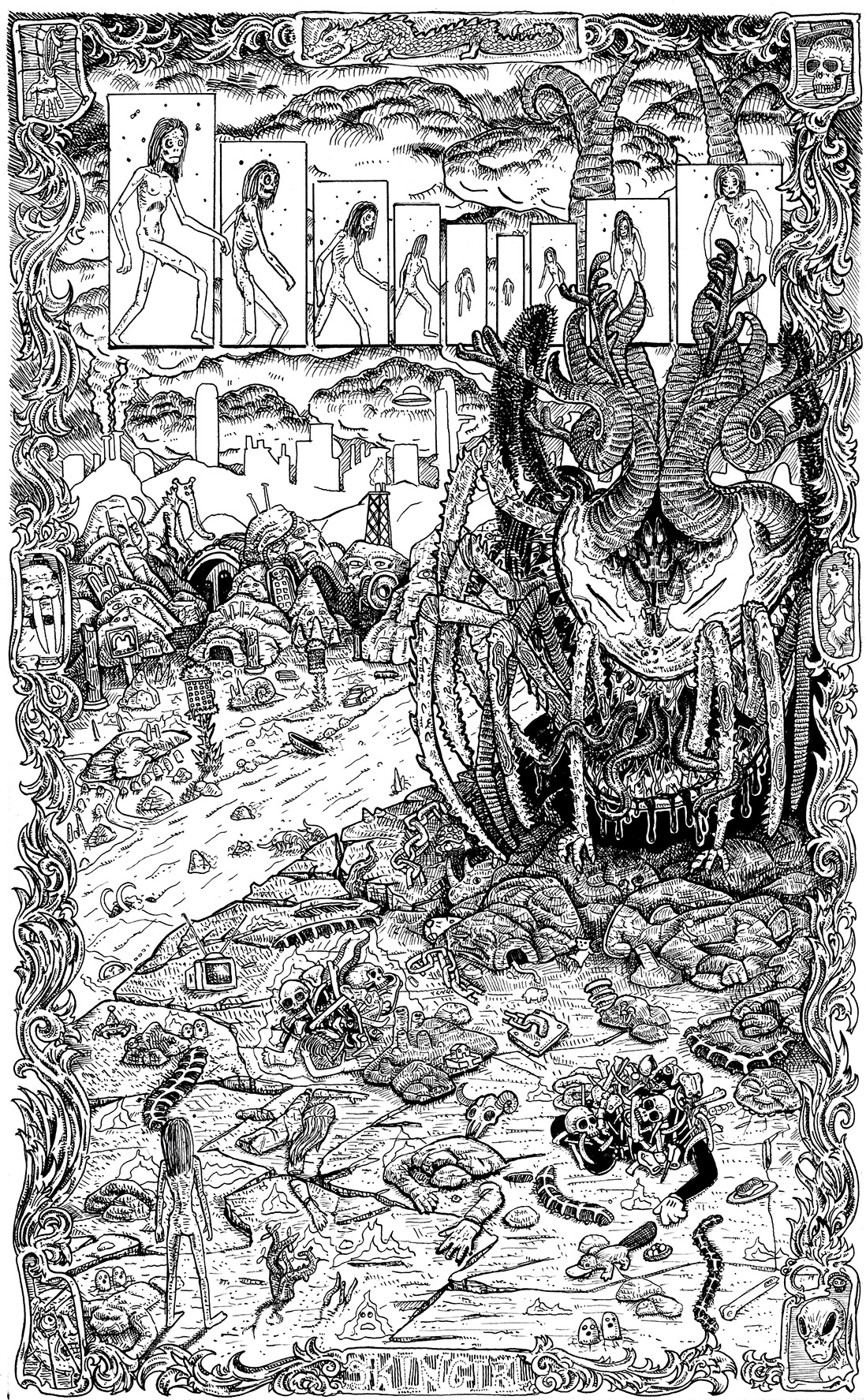 A black and white inked full page landscape of hell, with a river of blood running into the distance. Several panels of skingirl receding into the distance and coming back. A giant clam-like demon with many legs and horns looms over skin girl, tiny in the foreground.