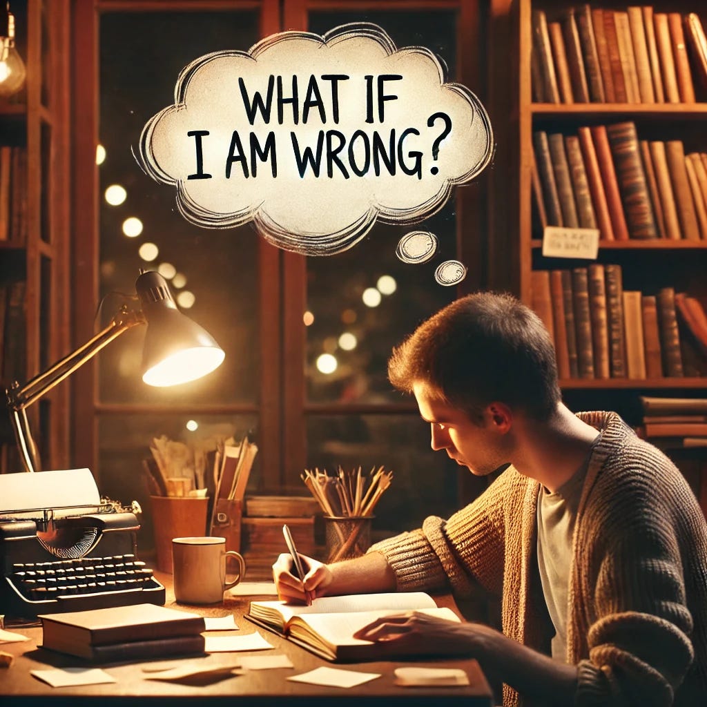 A person sitting at a desk surrounded by books, writing in a journal. A single thought bubble above their head reads 'What if I am wrong?'. The rest of the scene includes warm lighting, bookshelves, and subtle signs of reflection like a coffee mug and scattered notes. The image should not contain any other text or visible writing, just the thought bubble with those words.