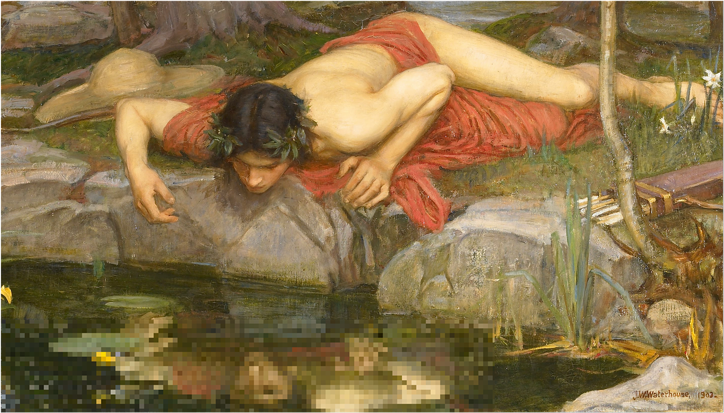 Painting of Narcissus looking into his pixelated reflection