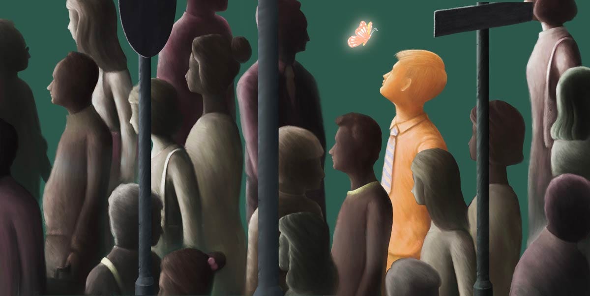 Illustration of a young man standing out from the crowd - being your authentic self.