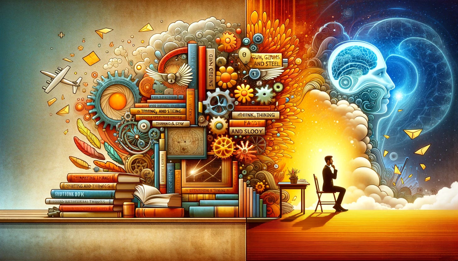 A widescreen, abstract image that embodies the concept of writing and thinking in a positive light. On one side, depict a bright, inspirational space with books like 'Guns, Germs, and Steel' and 'Thinking Fast and Slow' neatly arranged, symbolizing clear, structured thought. On the other side, show a creative, organized desk with neatly stacked papers and books, representing the joy of mindful writing. In the center, a figure stands thoughtfully, symbolizing the harmony between insightful writing and critical thinking. The overall color scheme should be warm and inviting, reflecting the optimistic relationship between writing and thinking.