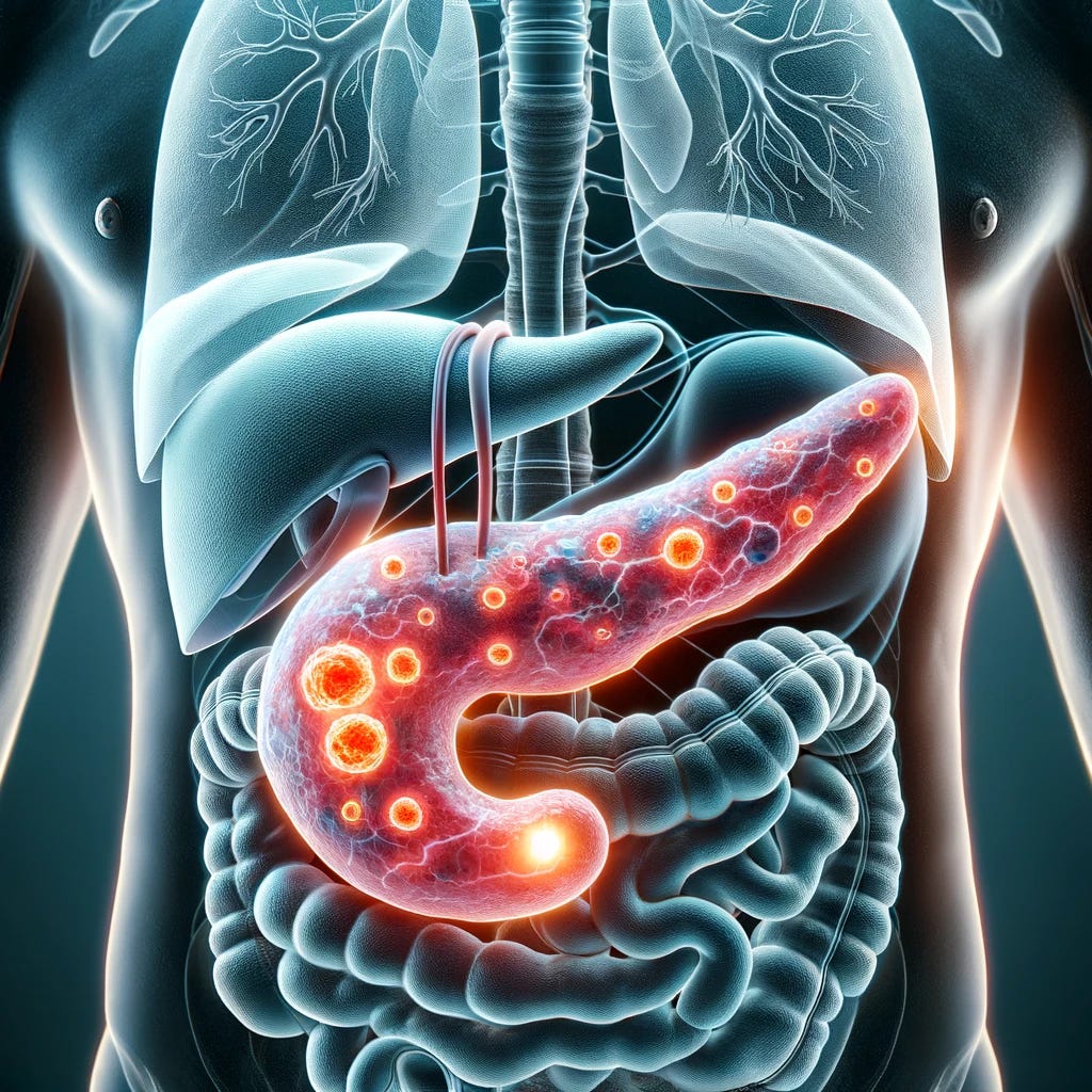 A detailed anatomy of the human pancreas with highlighted cancerous cells, as part of a medical illustration series on destroying pancreatic cancer using ultrasound technology. This image aims to provide an accurate depiction of the pancreatic anatomy and the location of cancer cells within it, serving as an educational tool for understanding the initial condition before treatment.