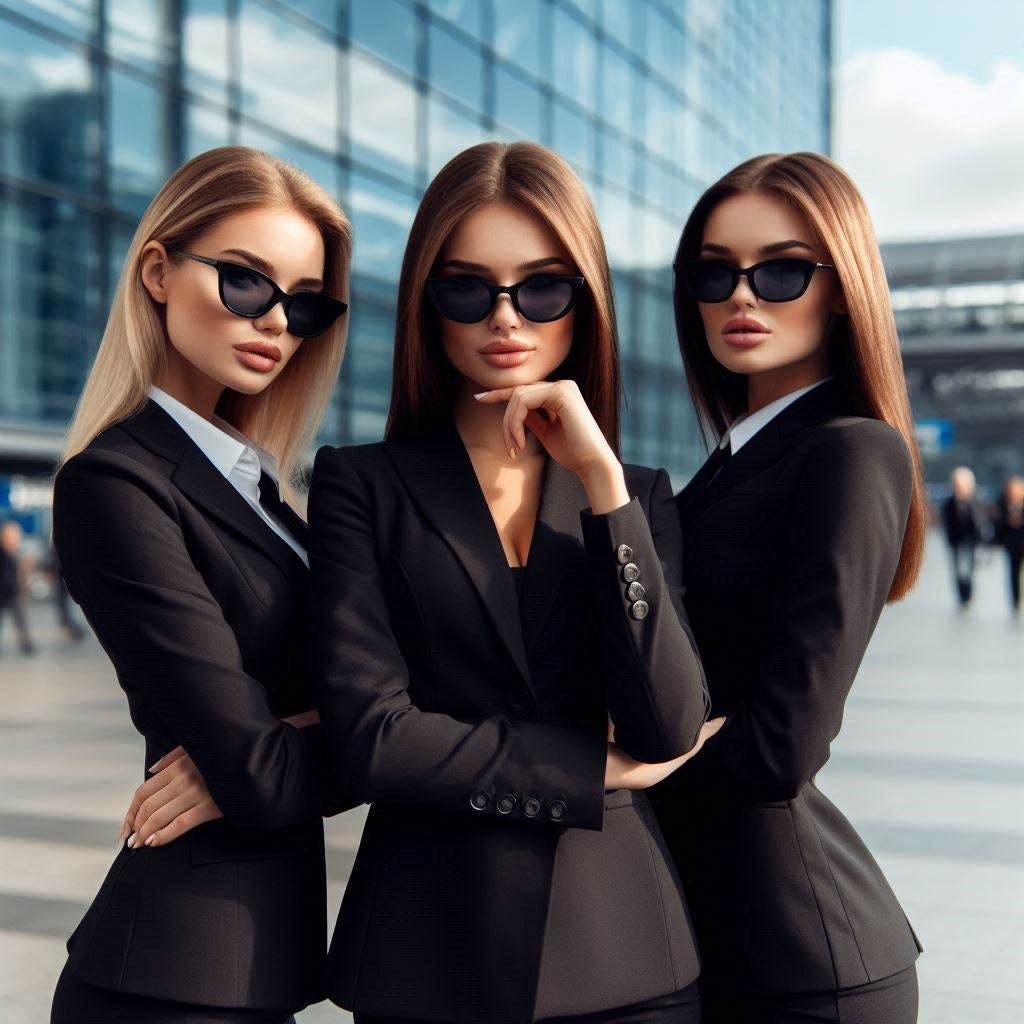 Three pretty female secret service agents wearing black suits and black sunglasses are standing in front of a platform