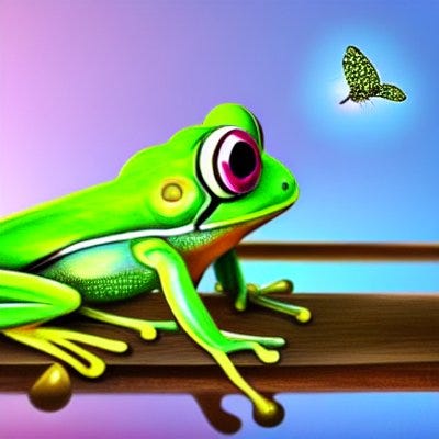 An AI-generated frog looking at a bug