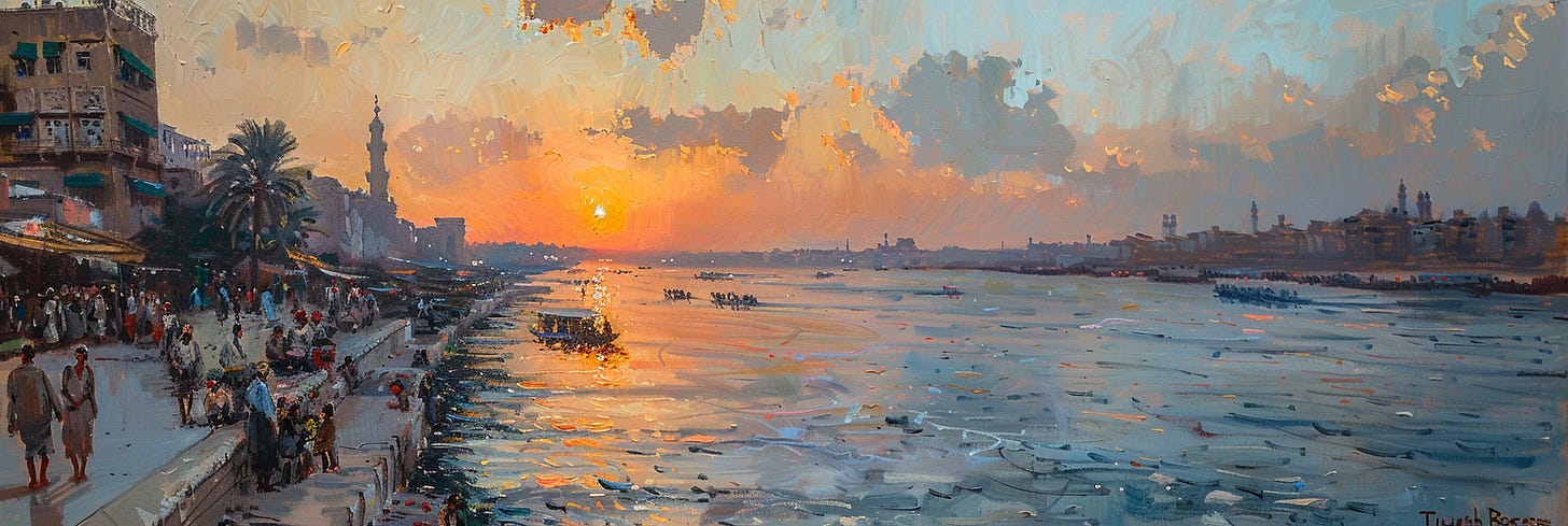 An oil painting depicting the sunset over the Nile River, with vibrant reflections on the water and a bustling promenade lined with people and buildings.