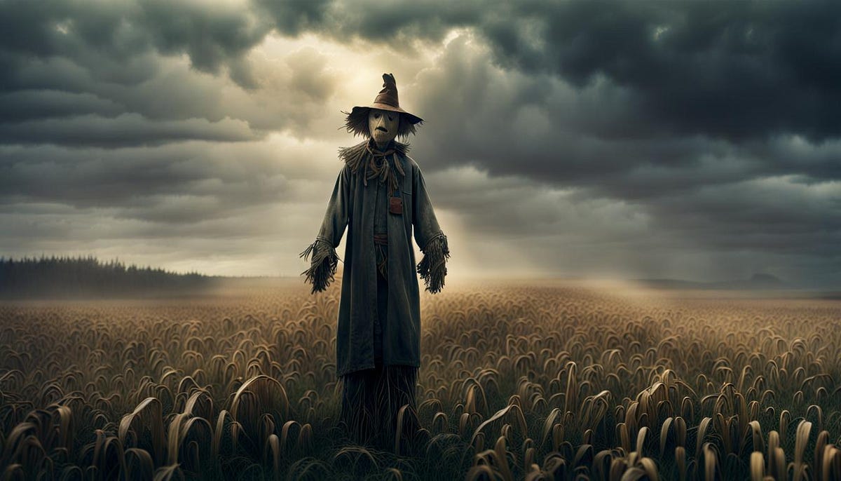 A scarecrow in misty field