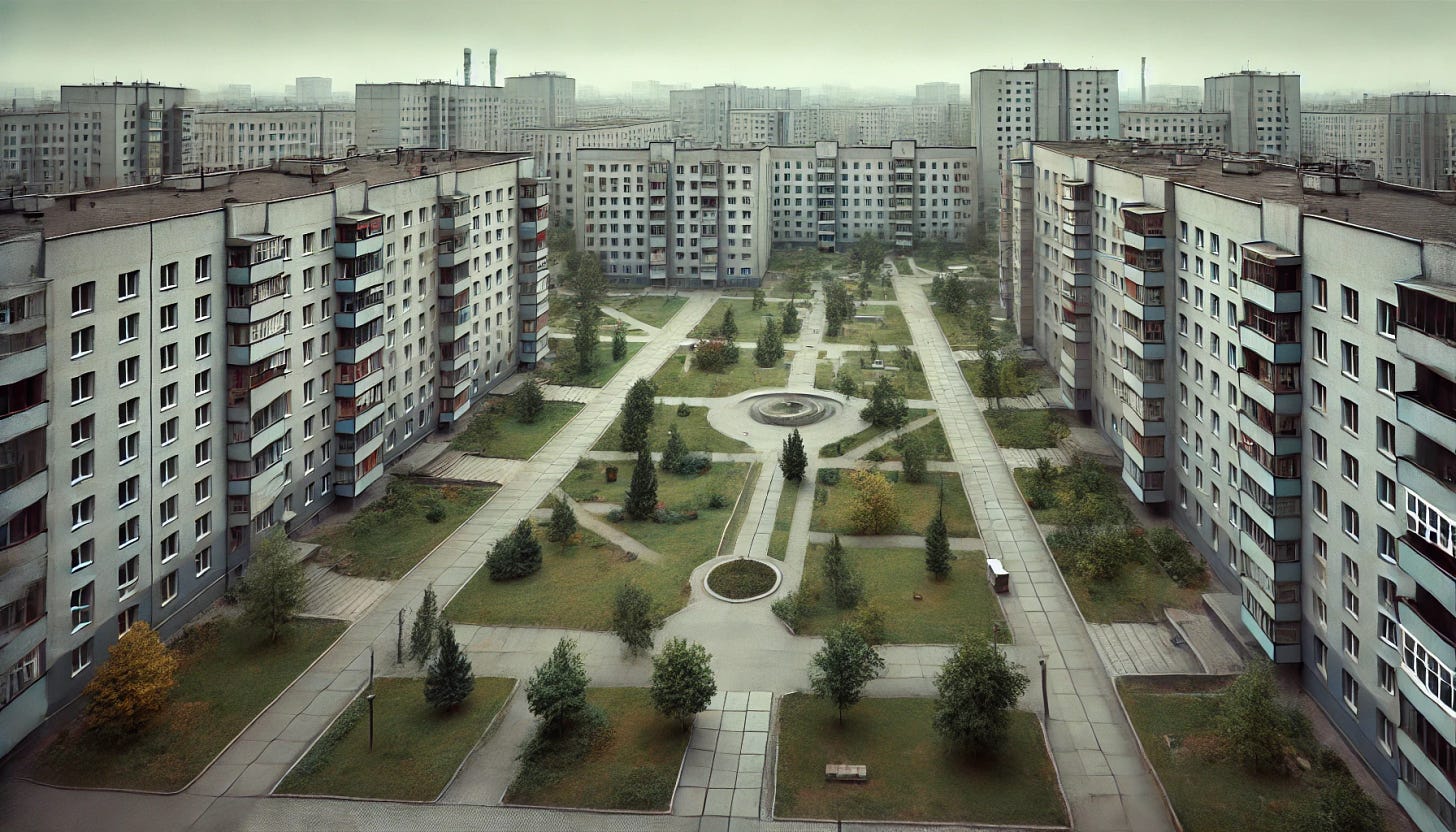 A wide-angle photograph of a typical real-socialist residential neighborhood from the 20th century, featuring uniform apartment blocks with minimalistic architecture, large green communal areas, and sparse urban elements. The atmosphere is slightly overcast, evoking a historical and utilitarian feel. The buildings are gray with occasional patches of color, and there are pathways and trees typical of such neighborhoods in Eastern Europe.