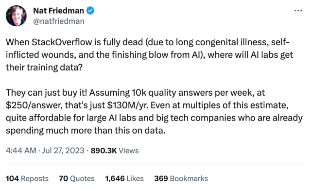 Nat's tweet about Stack Overflow dying