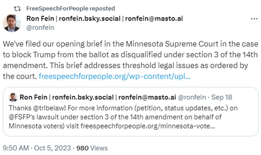 @ronfein: We've filed our opening brief in the MN Supreme Court in the case to block Trump from the ballot as disqualified under Section 3 of the 14th Amendment. This brief addresses threshold legal issues as ordered by the court.