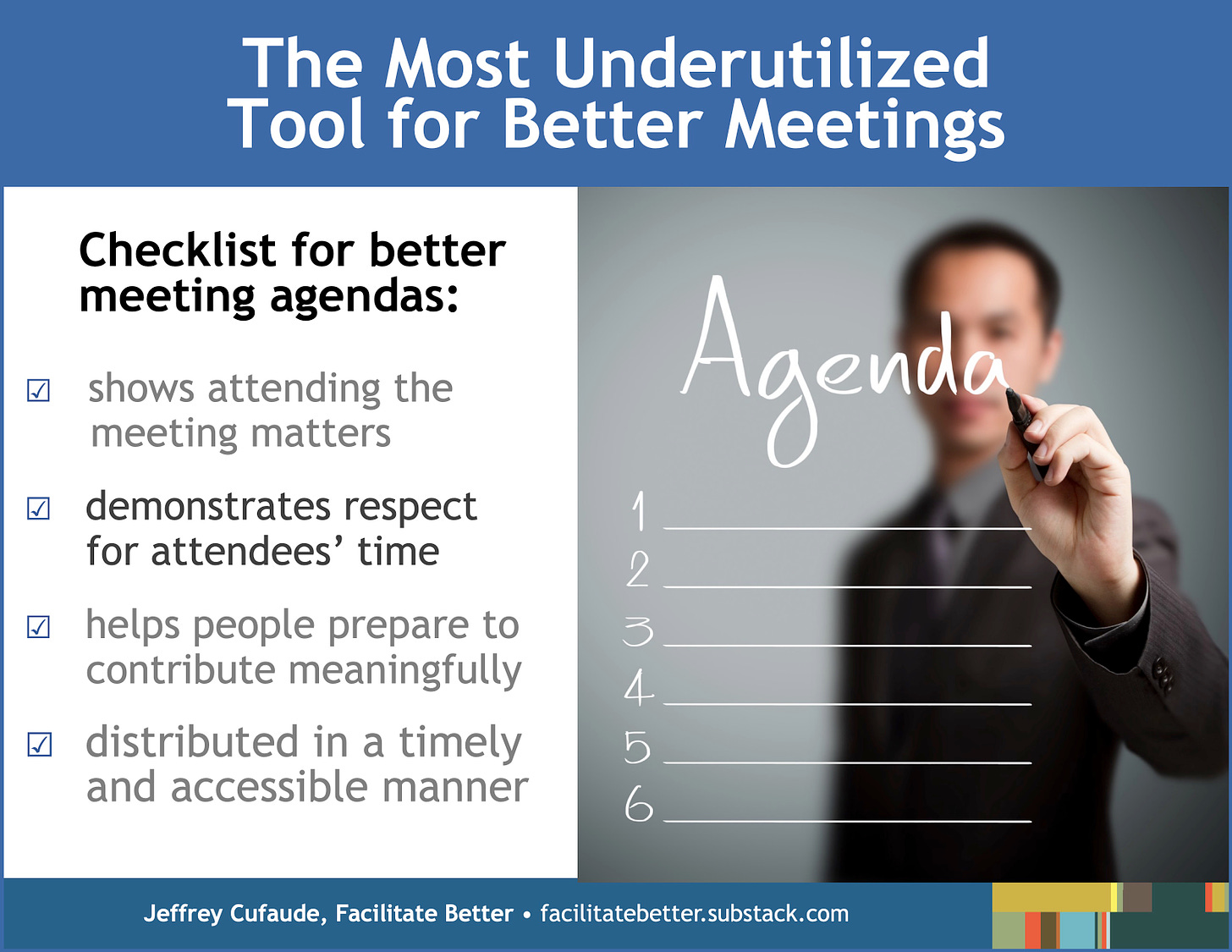 A two-column slide image.  On the right is a young man in a business suit writing an agenda on a wall.  To the left is this checklist for better meeting agendas:  shows attending the meeting matters, demonstrates respect for attendees’ time, helps people prepare to contribute meaningfully, distributed in a timely manner.  Above these two columns is the headline, The Most Underutilized Tool for Better Meetings.