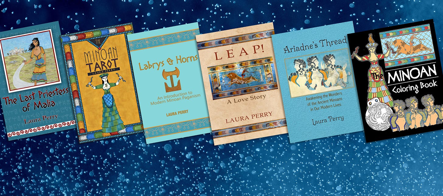 Laura's Minoan-themed books and Tarot on a blue water-drop background. From left to right, the book covers shown are: The Last Priestess of Malia, The Minoan Tarot, Labrys & Horns, Leap! A Love Story, Ariadne's Thread, and The Minoan Coloring Book.