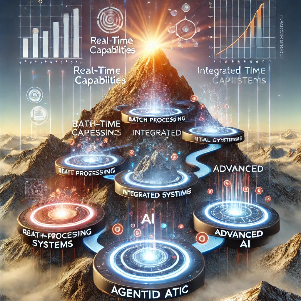 A futuristic and dynamic illustration of a mountain with five clearly marked base camps, representing levels of data maturity. Each base camp has a label: Batch Processing, Real-Time Capabilities, Integrated Systems, Advanced Analytics, and Agentic AI at the summit. The scene includes a mix of traditional and modern data tools scattered at each level, connected by a clear path winding up the mountain. The atmosphere is futuristic, with a bright, hopeful sunrise symbolizing progress and innovation. The style is professional, clean, and visually engaging, suitable for a business and data strategy context.