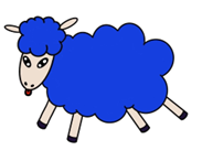 Desenho digital em estilo cartoon de uma ovelha azul - seus pelos parecem uma nuvem e ela está saltando
