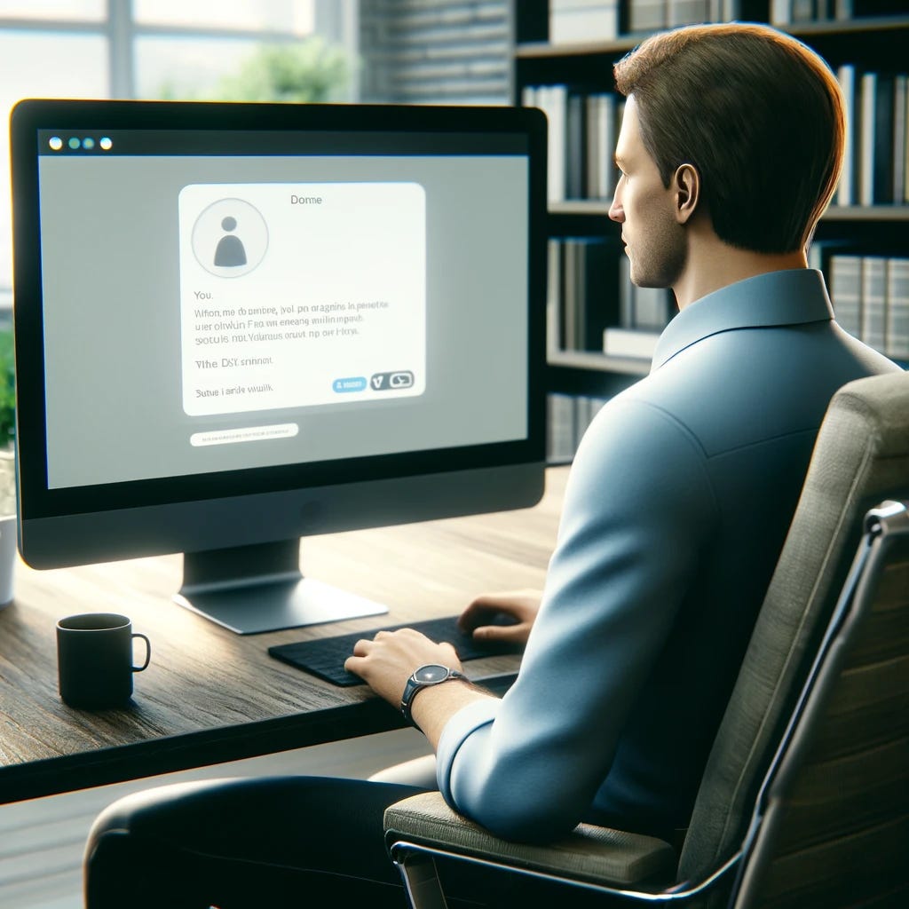 A realistic depiction of a person seated at a desk, facing a computer with an AI chat box open on the screen, showing typed prompts. The person is a middle-aged Caucasian male with short brown hair, wearing casual business attire, consisting of a blue shirt and black pants. The setting is a modern, well-lit office with books and small plants around. The focus is on the screen and the person's engagement with the AI interface. This image captures the essence of modern technological interaction.