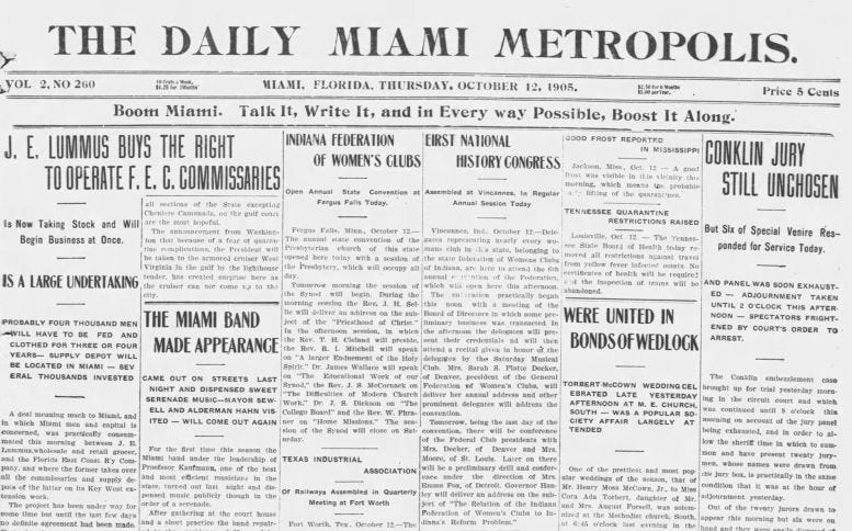 Front page of the Miami Metropolis on October 12, 1905.