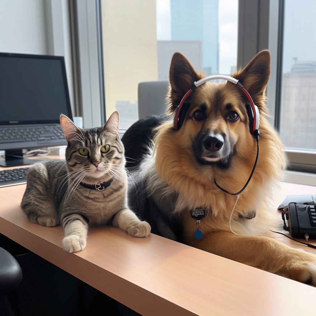 A cat and a dog sit on a desk in an office. The dog is wearing a headset.