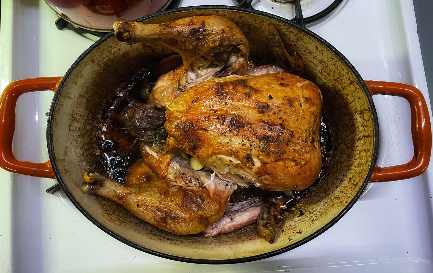 An organic, free-range chicken after roasting in an orange roasting pan.