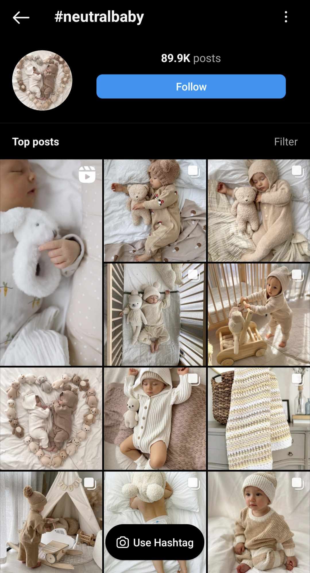Screenshot of Instagram hashtag search for 