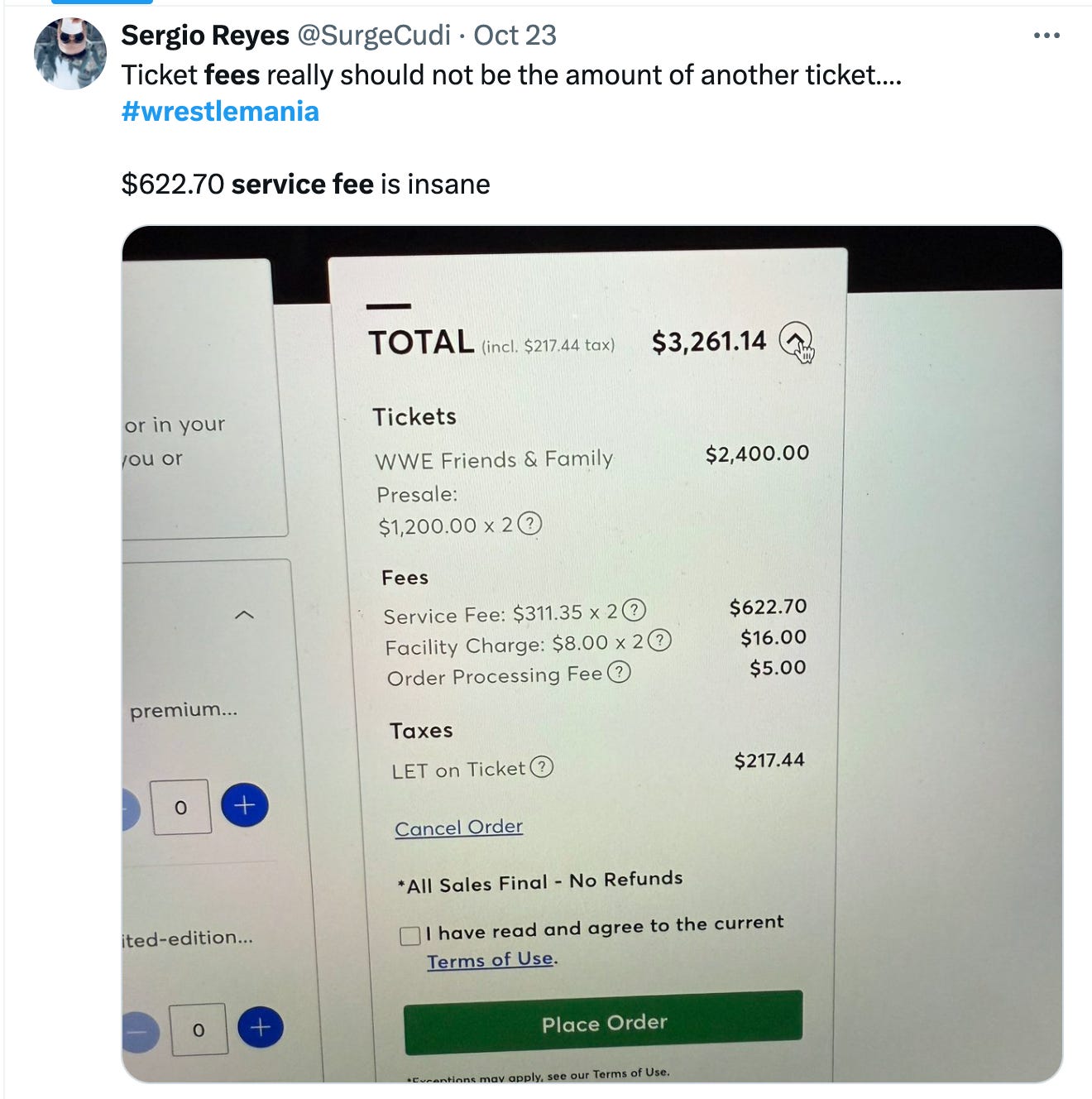 @SurgeCudi · Oct 23 Ticket fees really should not be the amount of another ticket…. #wrestlemania   $622.70 service fee is insane