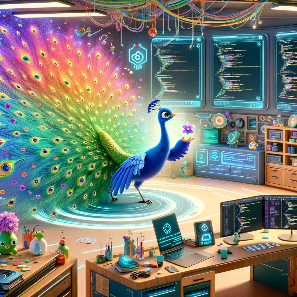 A savvy peacock in a room full of AI tech