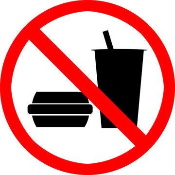 The standard symbol for 'no eating or drinking', as in the black silhouette of a burger and a milkshake, on a white background, with a red circle around them and a red line through them. 