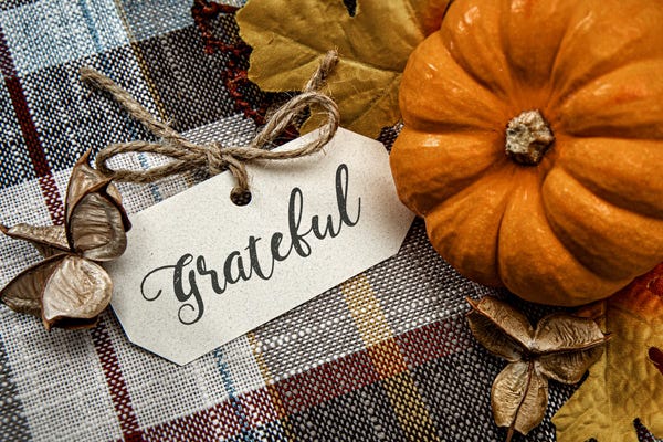 a close-up photo of a small orange pumpkin on a plaid table cloth