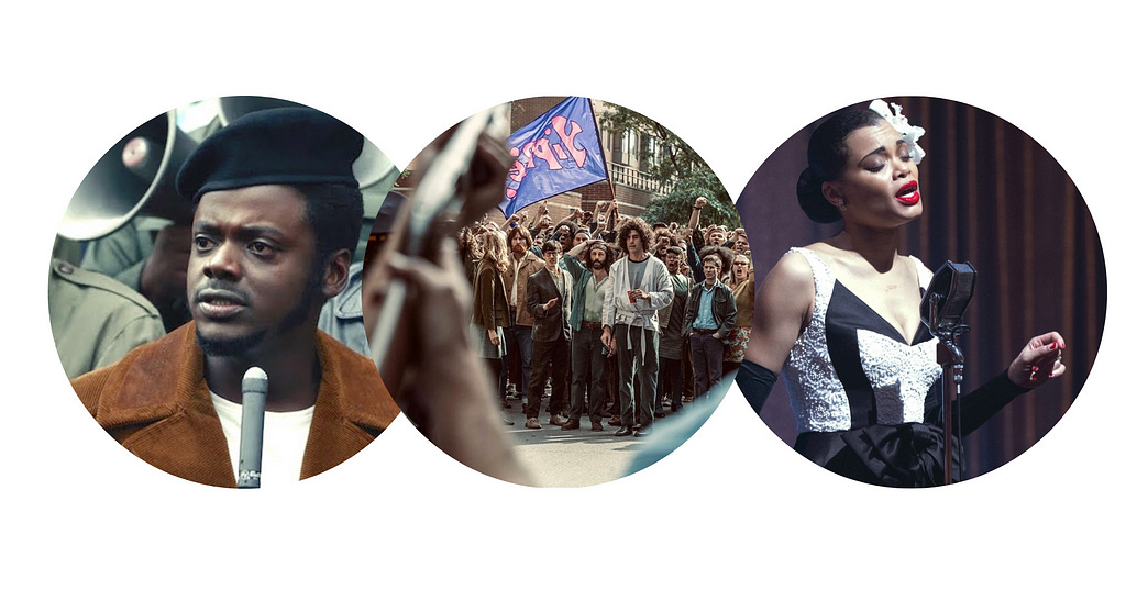 Collage of three stills from “Judas and the Black Messiah,” “The Trial of the Chicago Seven,” and “The United States vs. Billie Holiday” cropped into circular frames.