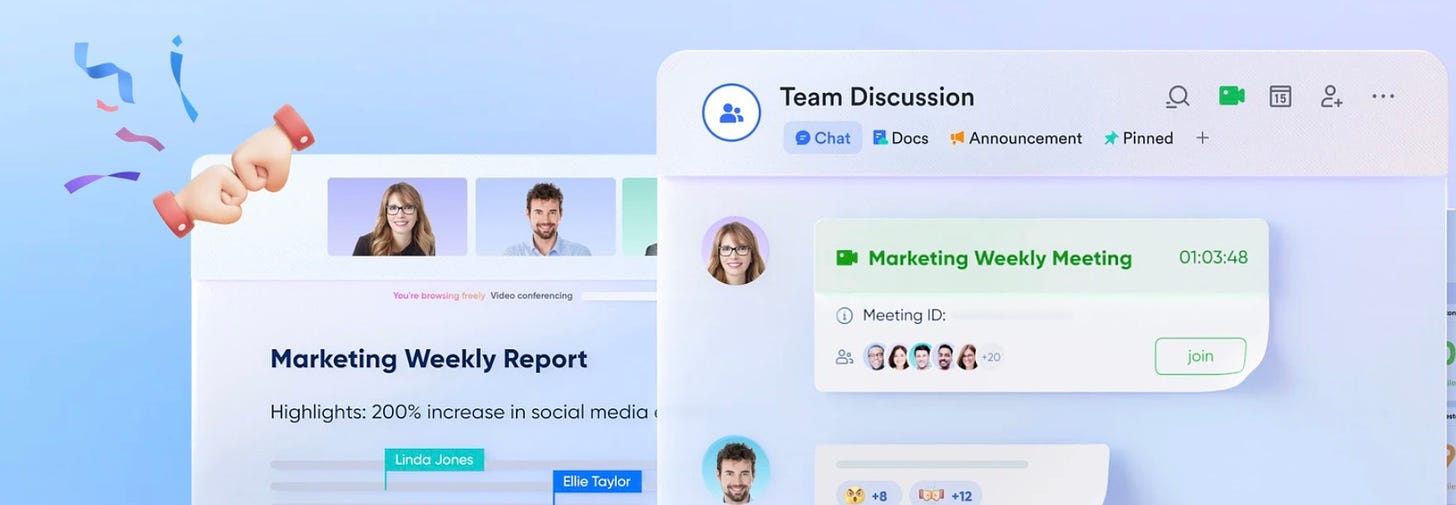 May be an image of 4 people, screen and text that says 'ಶ Team Discussion Chat Docs म Announcement Pinned Y' Marketing Weekly Meeting Marketing Weekly Report Highlights: 200% increase n social media 01:03:48 1 Meeting ID: CeေBe join Taylor +12'