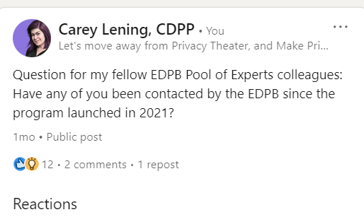 Question for my fellow EDPB Pool of Experts colleagues: Have any of you been contacted by the EDPB since the program launched in 2021?