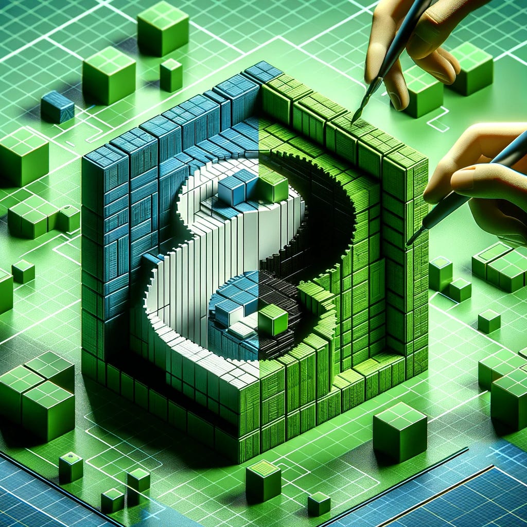 Modify the previously created image of a computer build system with 3D building blocks in green by incorporating a yin/yang motif. The yin/yang symbol should be subtly integrated into the design, possibly through the arrangement of the blocks or through a background pattern. The yin side could represent the more abstract, conceptual aspects of the system, while the yang side shows the tangible, physical components. The green 3D blocks should remain the focal point, but now they are harmoniously balanced with the yin/yang theme, symbolizing the equilibrium between different aspects of a computer build system.