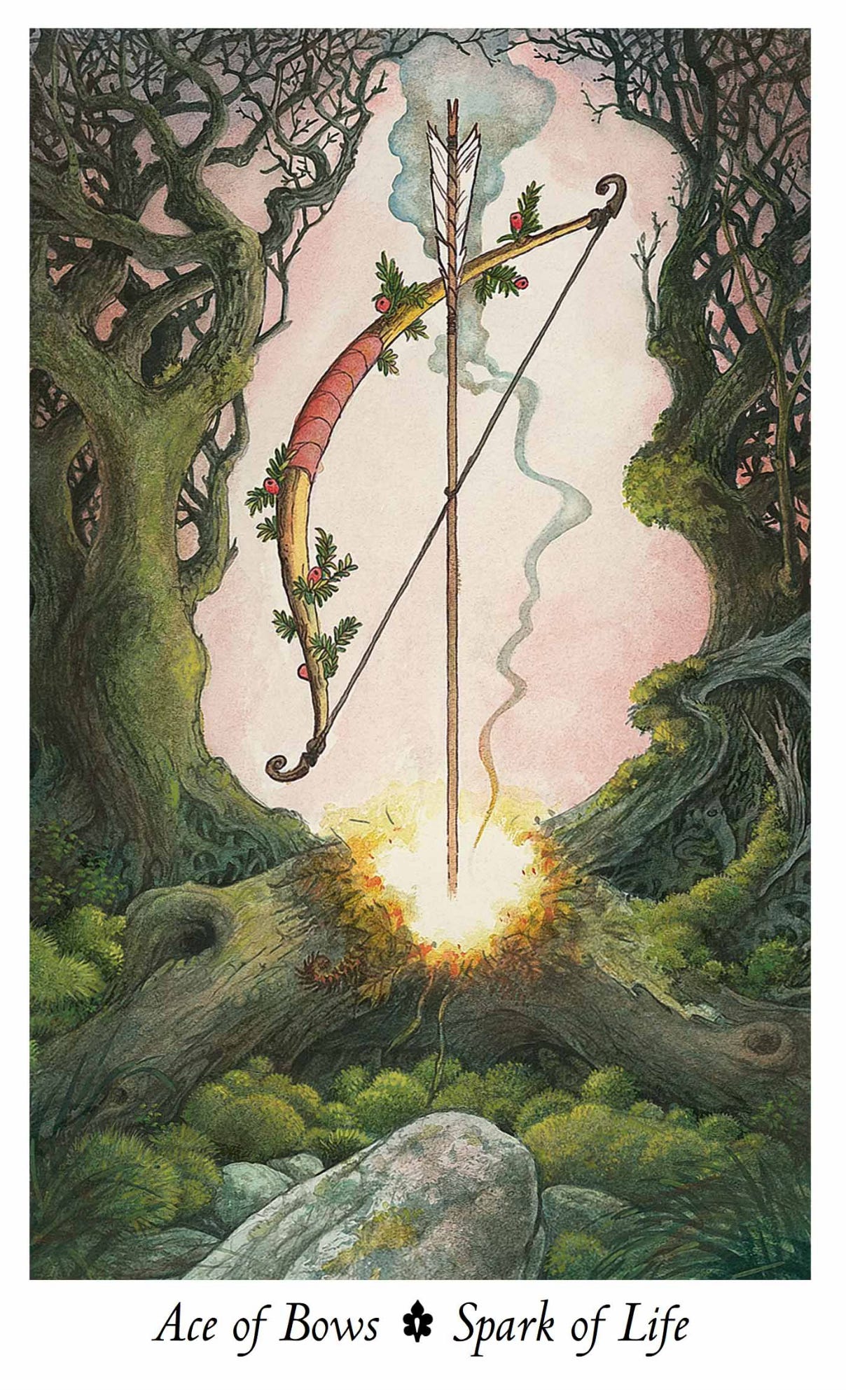 Tarot Card Ace of Bows from the Wildwood Tarot: Against a shimmering background of leaves and branches, a stout, rough-hewn hunting bow shimmers with the fire of life itself. The tip of an arrow rests on a heap of kindling chait, and curled bark is bursting into flame as the tip flashes with brilliant incandescent light.