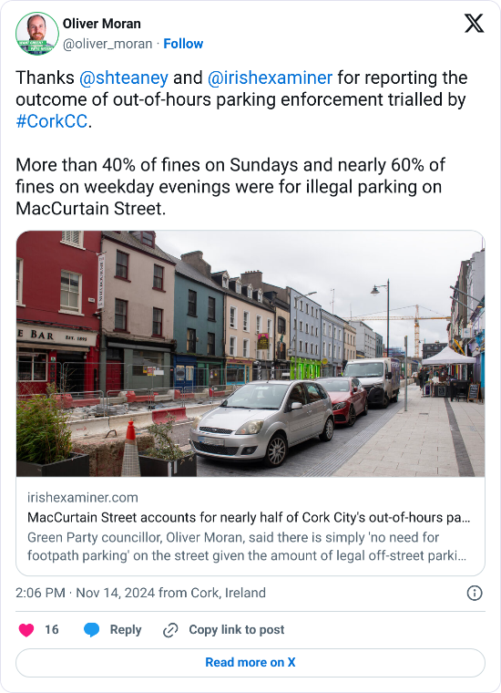 A tweet with the text, "Thanks @shteaney and @irishexaminer for reporting the outcome of out-of-hours parking enforcement trialled by #CorkCC. More than 40% of fines on Sundays and nearly 60% of fines on weekday evenings were for illegal parking on MacCurtain Street."