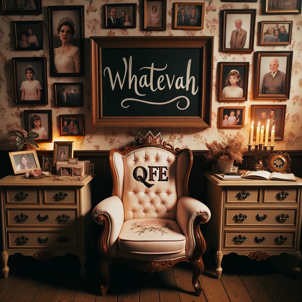 Photo of a heartwarming living room, where the walls are decorated with cherished family photographs encased in wooden borders. A central chalkboard showcases the word 'Whatevah' written beautifully in cursive. Beside it, an ornate chair with 'QFE' embroidered on its seating area and a crown positioned on its backrest signifies the Queen of Everything. The room is awash in the gentle light of candles, casting a nostalgic and inviting atmosphere.