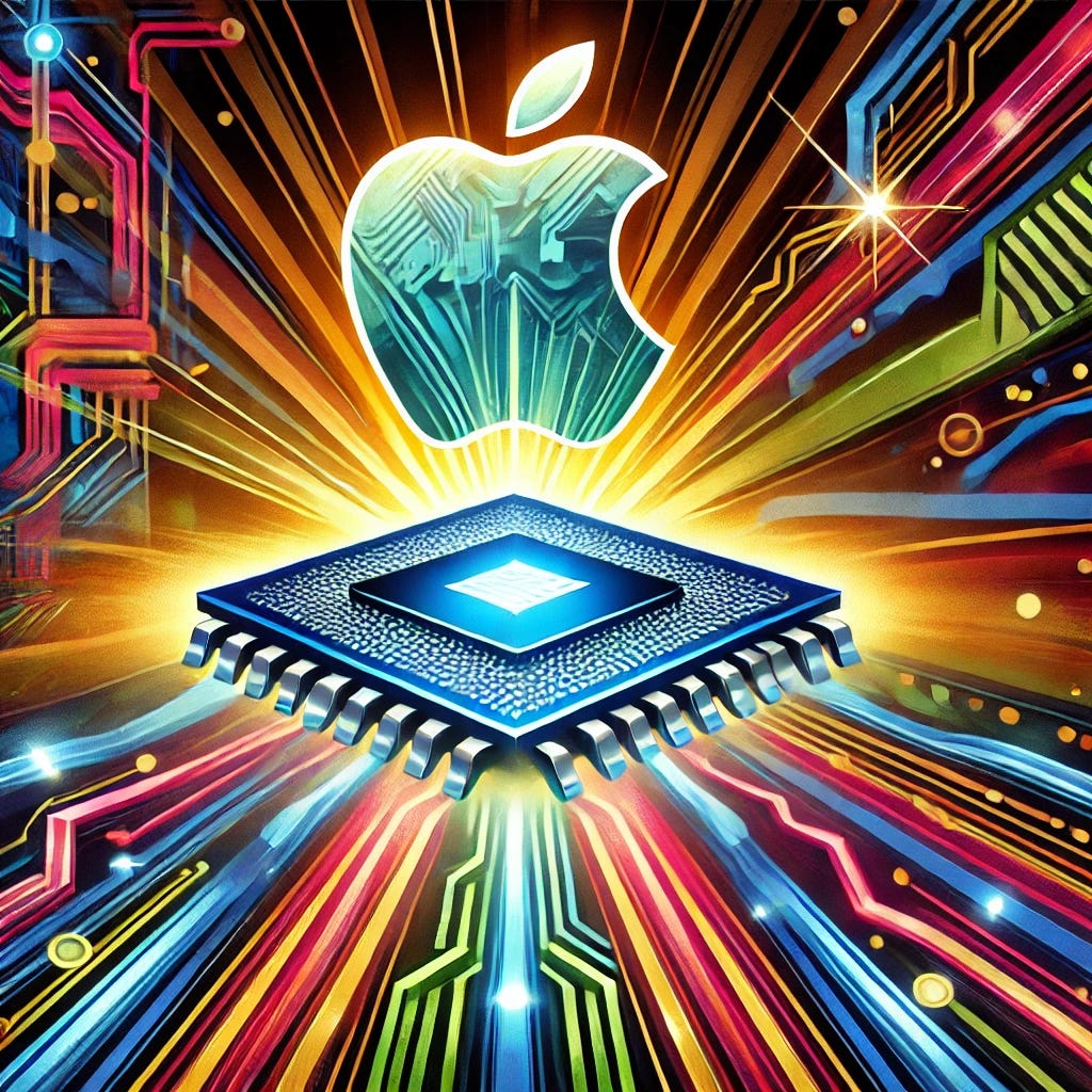 A vibrant, pop-art style illustration in a 1920x1080 horizontal format, depicting a dynamic collaboration between Apple and Broadcom. The illustration features the Apple logo and the Broadcom logo prominently displayed with a futuristic chip emerging between them, radiating light beams symbolizing innovation. The background showcases abstract technology-inspired patterns, circuit lines, and a colorful energy flow, emphasizing the partnership's focus on AI and technology. The scene is dynamic and energetic, with bold colors and sharp contrasts, aligning with a contemporary pop-art aesthetic.