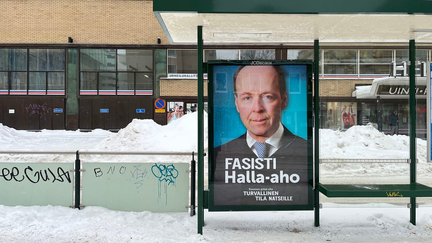 A fake campaign advertisement of Jussi Halla-aho with the words Fascist Halla-aho.