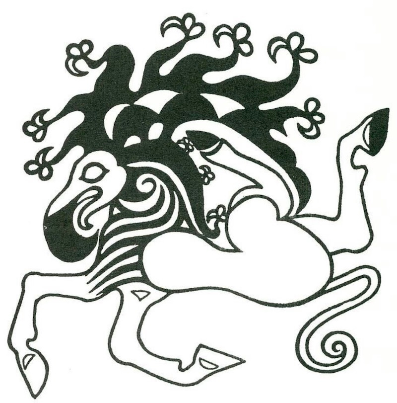 crude black and white drawing of a stylized horse wearing an elaborate headdress