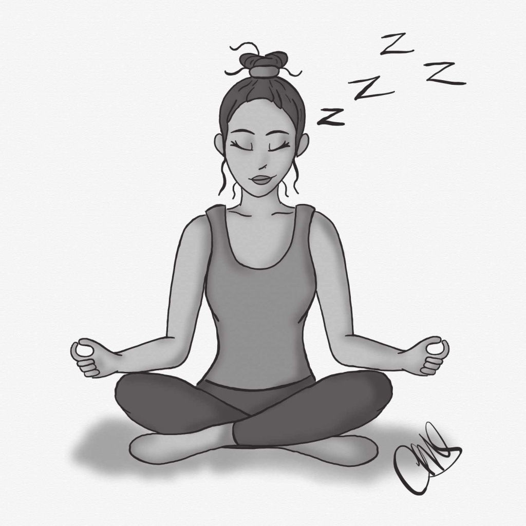 Digital black and white drawing of a girl sitting who at first glance appears to be meditating but she is actually sleeping. There are zzz's that are floating above her head.
