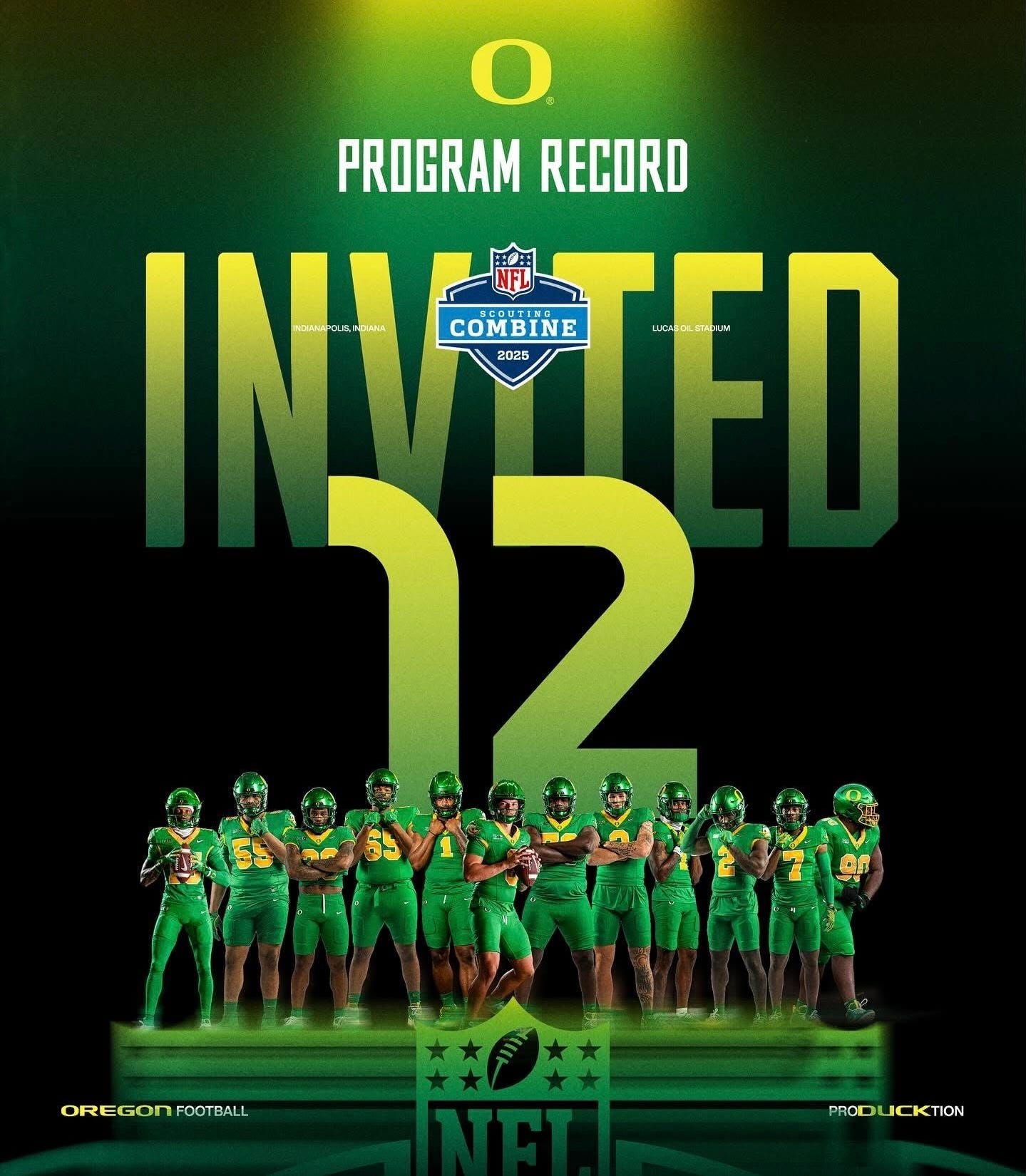 May be an image of 7 people, people playing soccer, people playing football and text that says 'O PROGRAM PROGRAMRECORD RECORD INVTEN O.BnAH MEHA COMBINE TEn K 2025 12 OREGONFOOTBALL OREGON FOOTBALL PAODUCKTION PROD'