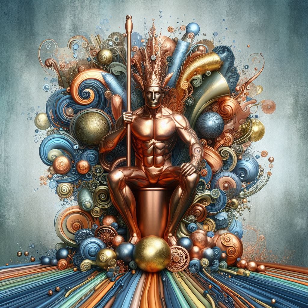 Una imagen imaginativa que represente al cobre como el rey de las materias primas, con elementos artísticos y creativos que destaquen su importancia.