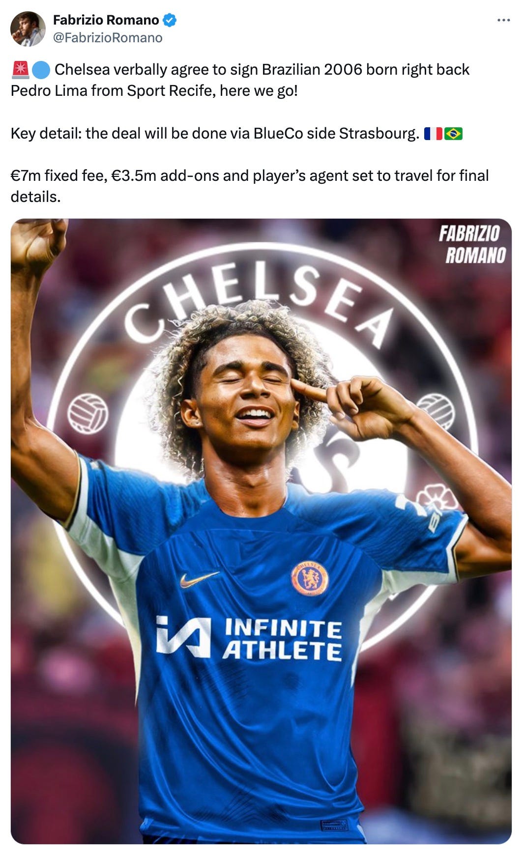 A tweet by Fabrizio Romano about Chelsea agreeing a deal to sign Pedro Lima