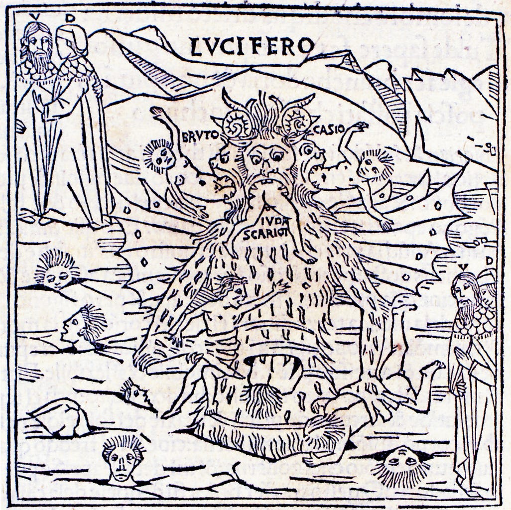 Illustration of Lucifer in the first fully illustrated print edition of Dante's Divine Comedy. Woodcut for Inferno, canto 34. Petrus de Plasiis, Venice, 1491.