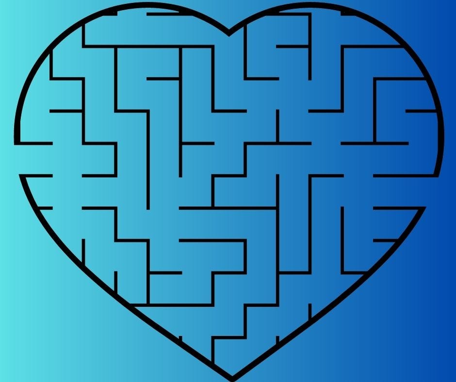 heart-shaped maze on blue ombre background