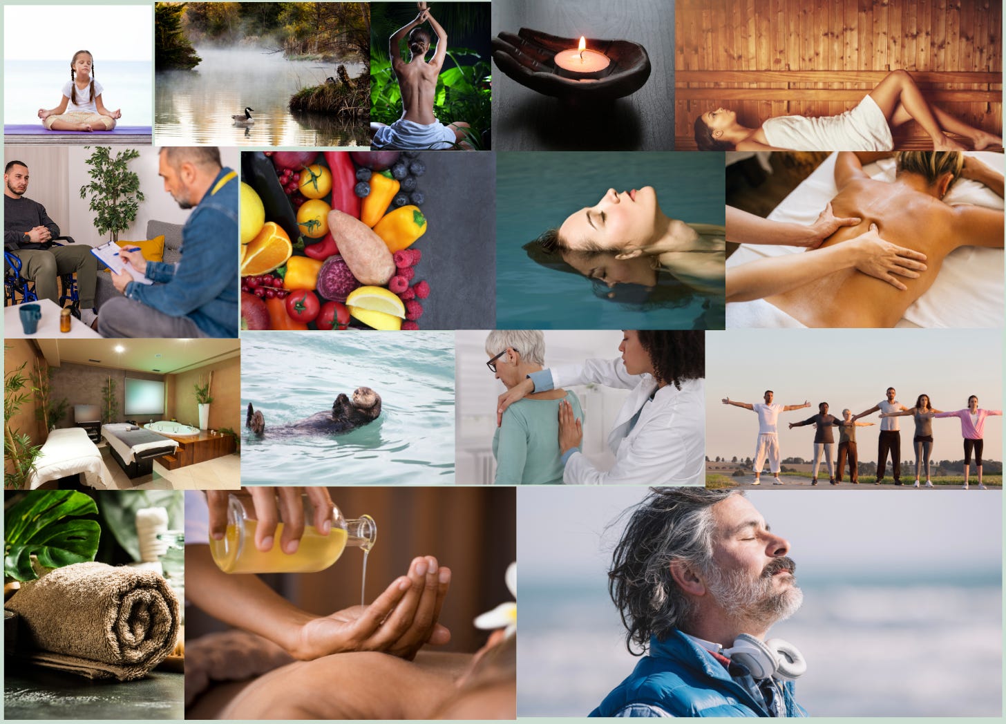 Collage of pictures of the experience of wellness and wellbeing and related activities