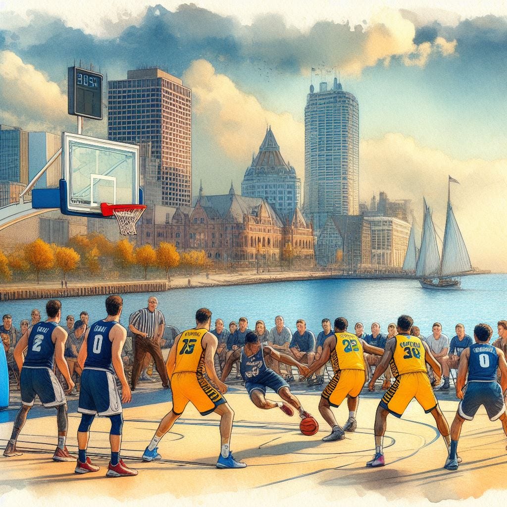 UConn basketball and Marquette basketball playing a game on the Milwaukee lakefront, watercolor