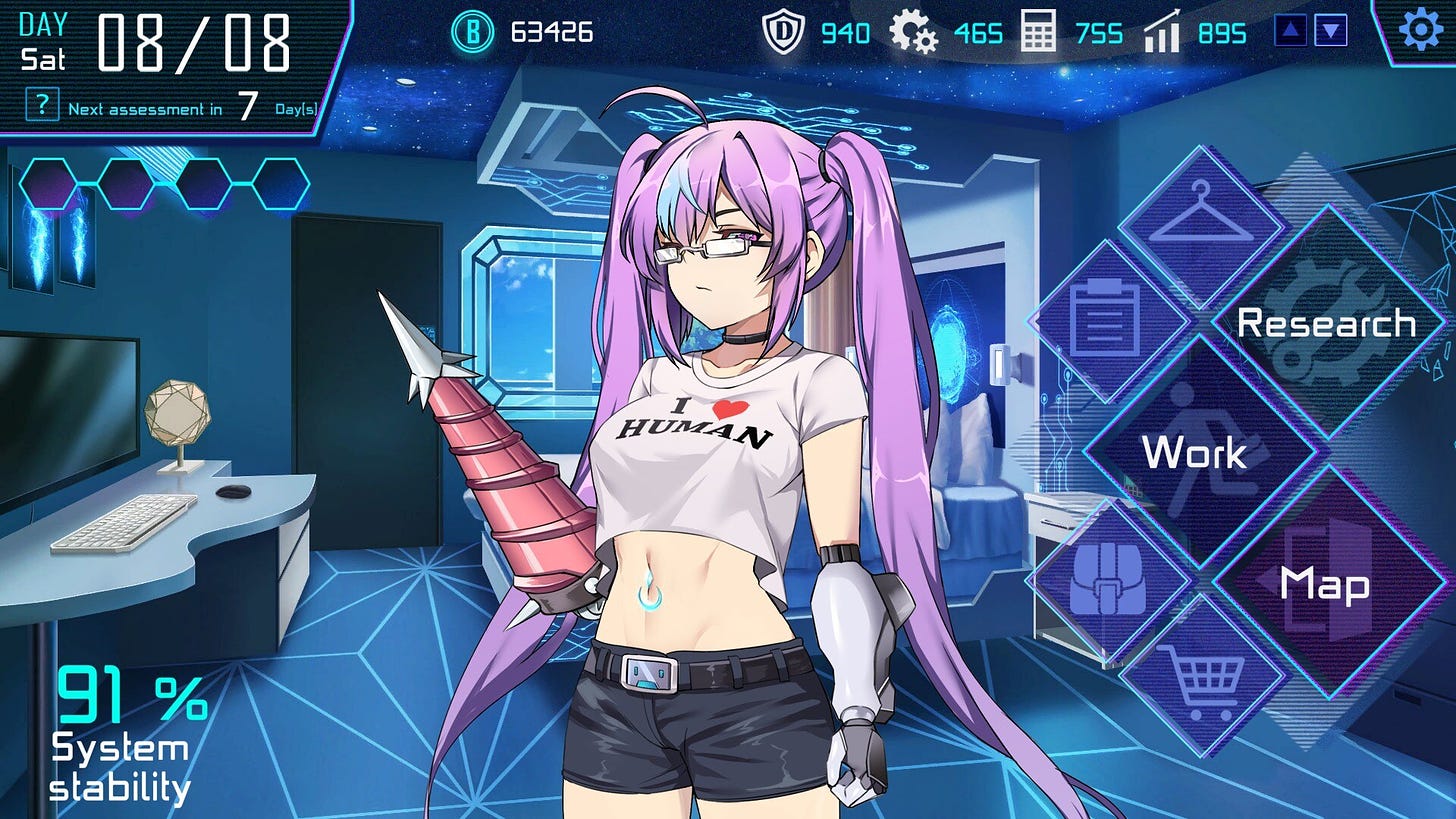 Aino looks at the player menacingly while wearing a "I Love Human" T-Shirt