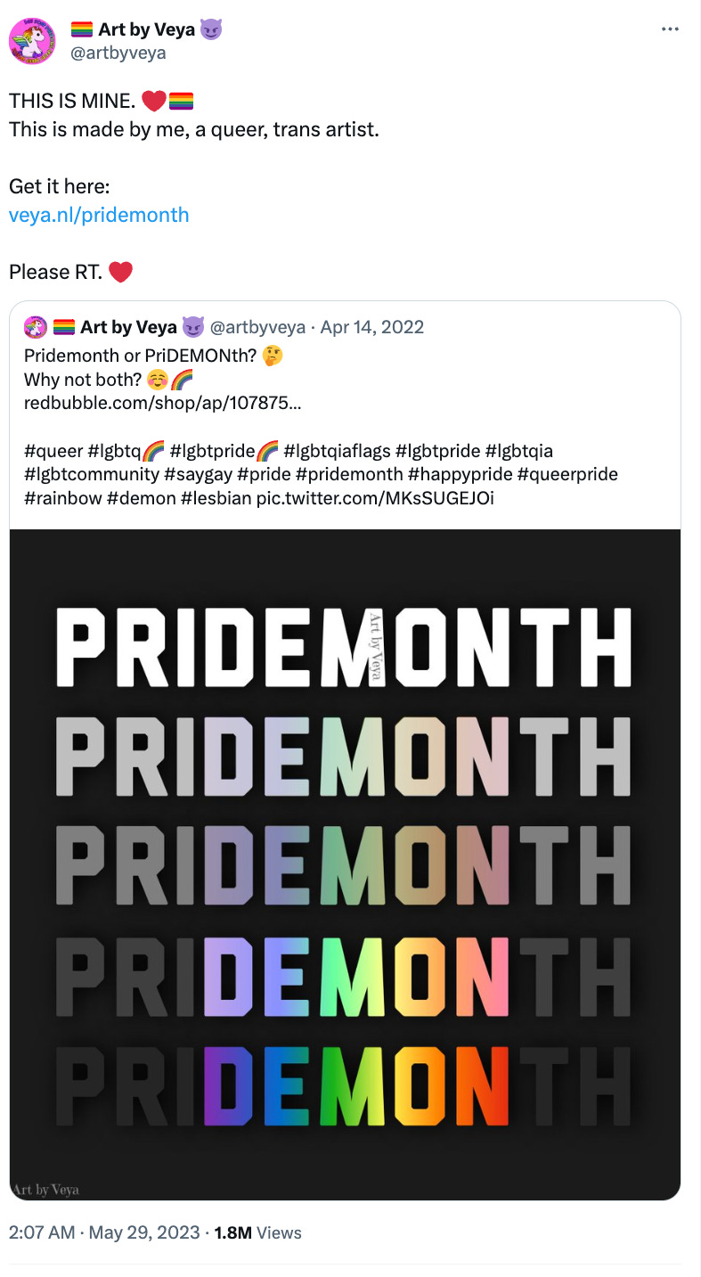 Tweet by @artbyveya: THIS IS MINE. This is made by me, a queer, trans artist. Get it here: https://linktr.ee/prith.demon. Fae links to where to buy the Pride Demon Shirt.