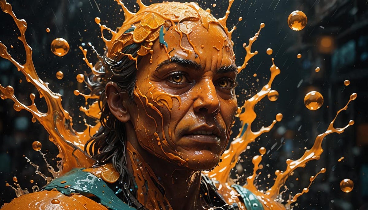 face close up, splashed with orange, art